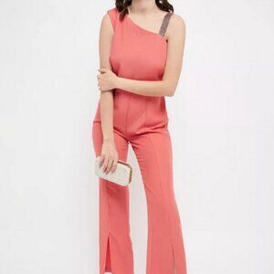 Madame Embellished Strap Coral Pink Slit Jumpsuit M